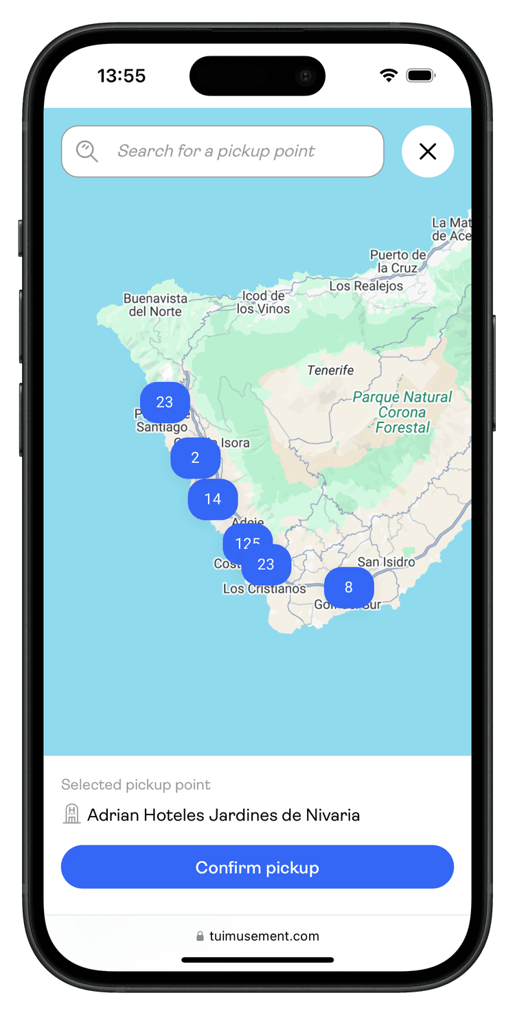TUI Musement booking form pickup point selection secreen