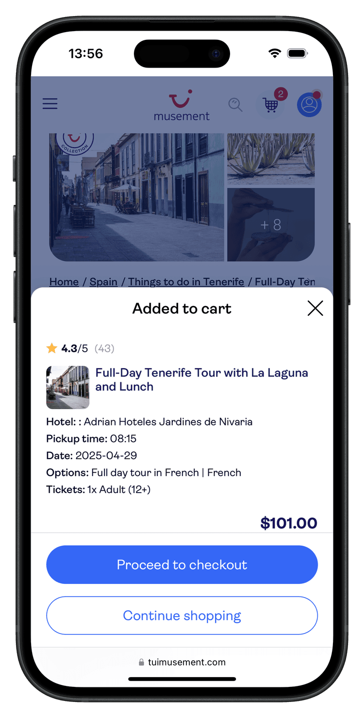 TUI Musement booking form cart confirmation screen