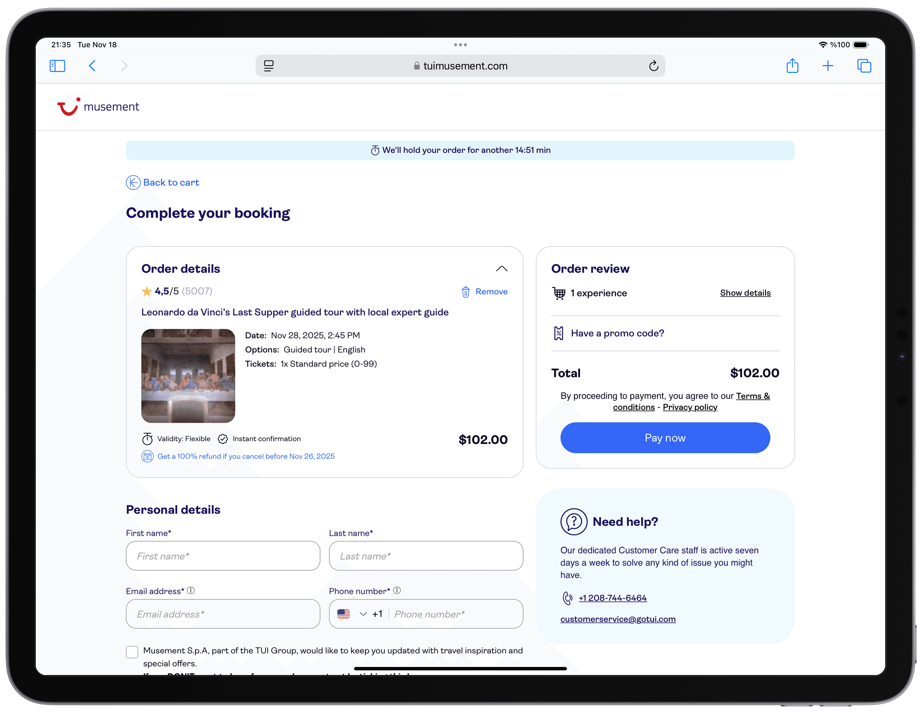 TUI Musement checkout page